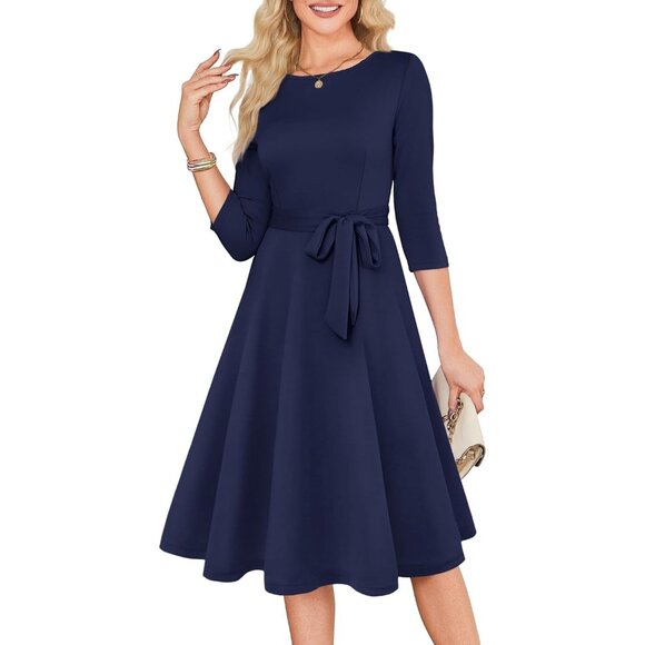 Women's Navy 3/4 Sleeve Vintage Flattering A-line Vintage Cocktail Dresses - Picture 2 of 5